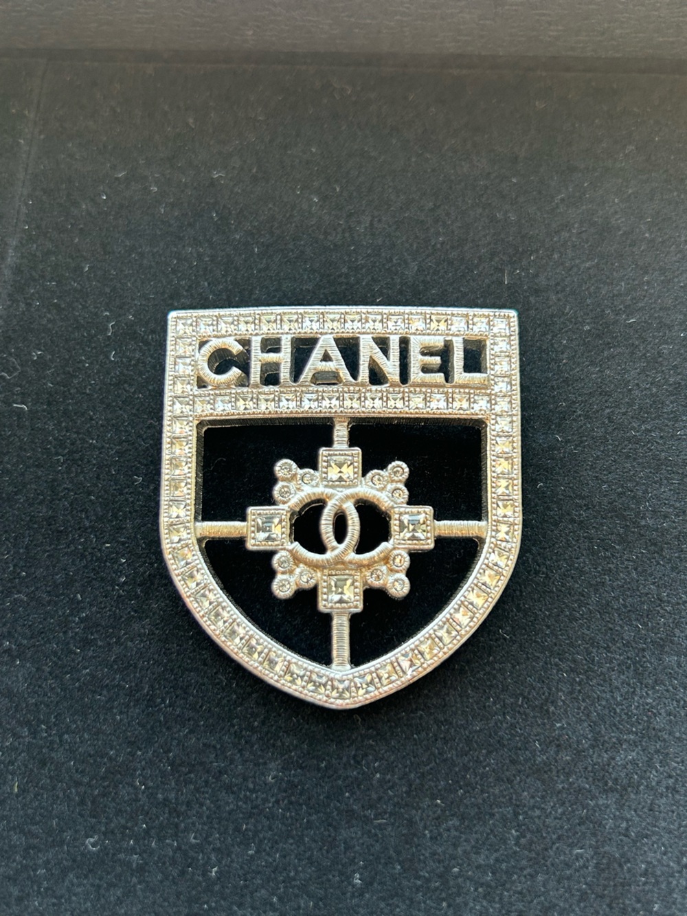 CHANEL Silver-Tone Shield Logo Brooch
